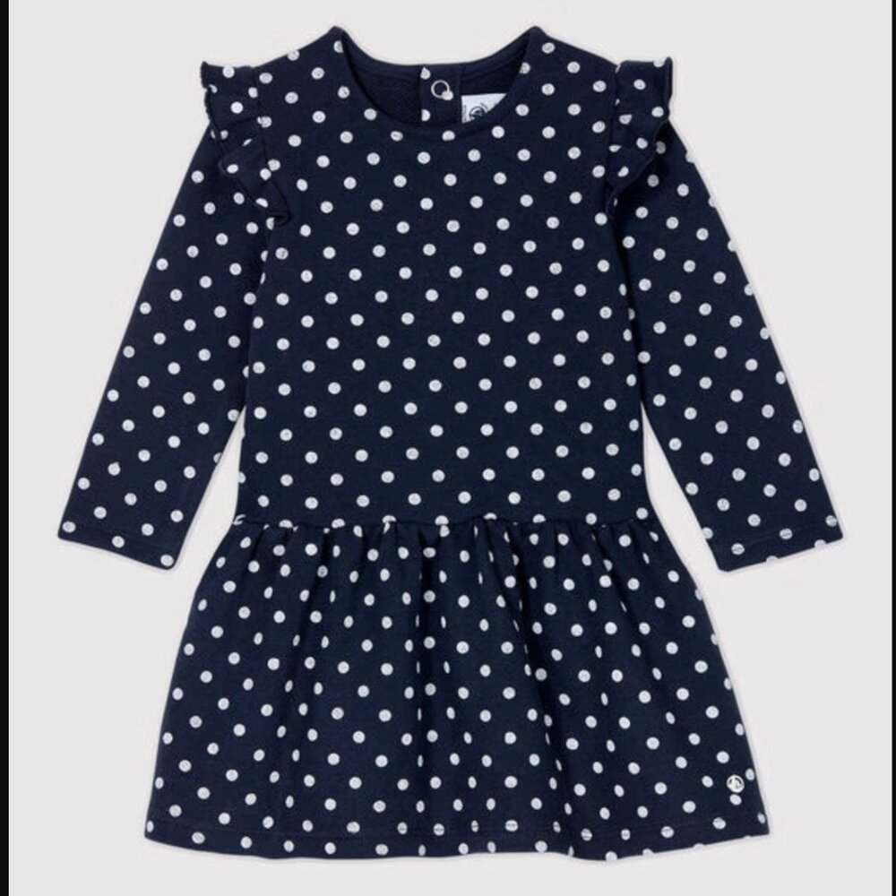 Petit Bateau 18m 18 months navy polka dot sweatshirt cotton knit fleece dress